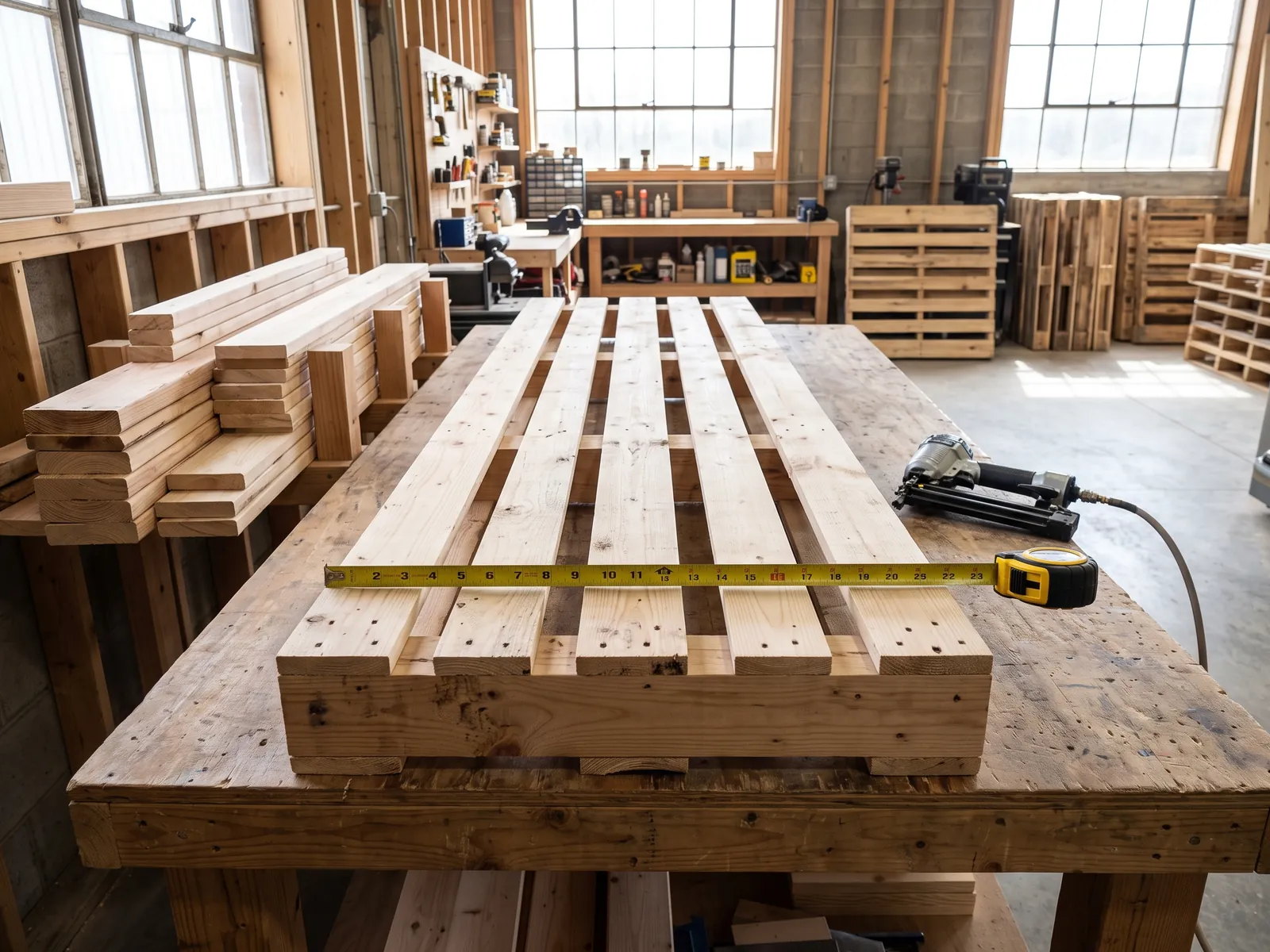 A long, narrow custom pallet on a workshop bench, with a tape measure across it, a nail gun beside it and cut lumber stacked at the side
