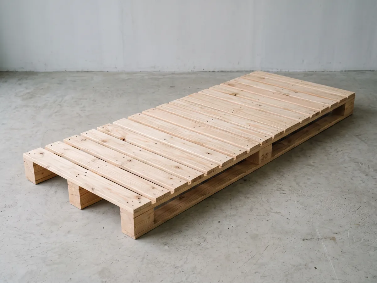 One new, long and narrow custom pallet on a light concrete floor