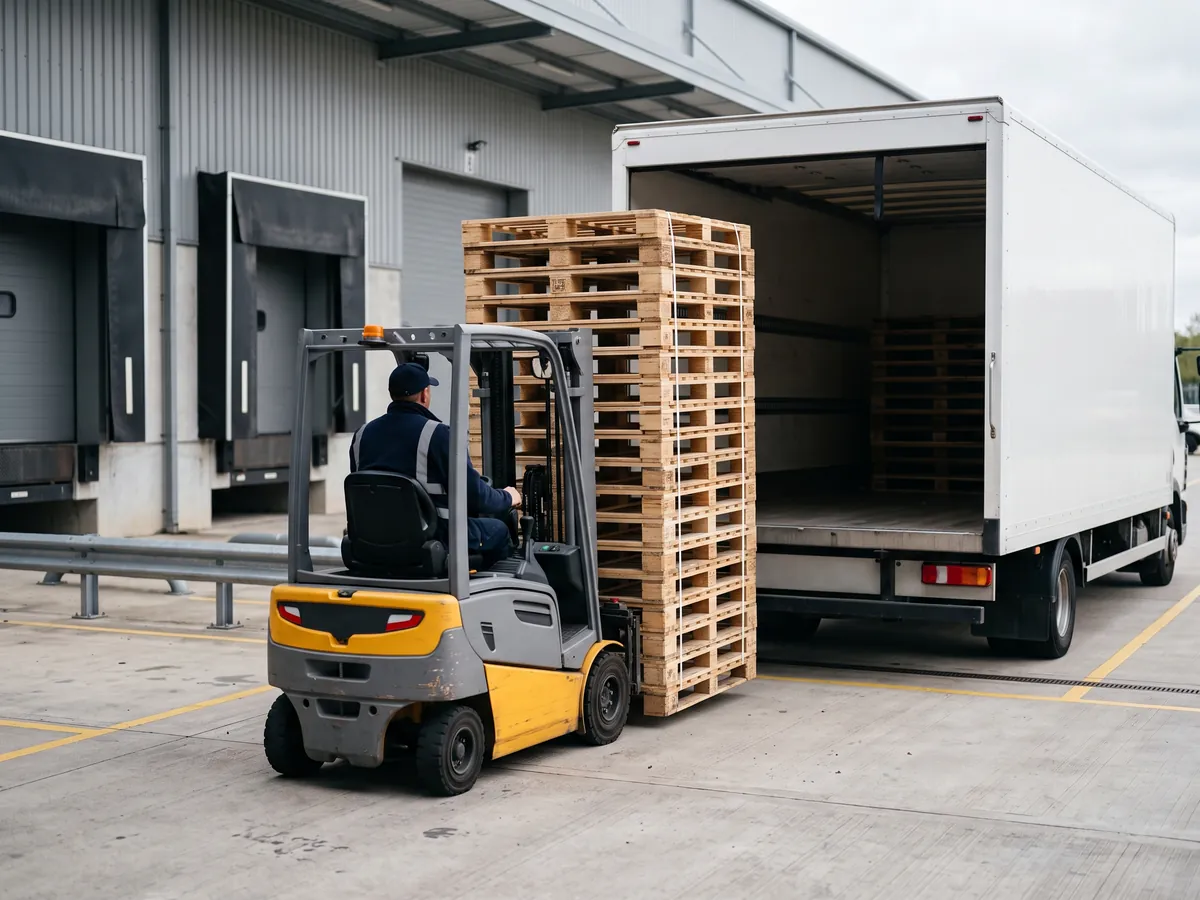 A forklift moving a tall stack of pallets beside an open white box truck at a loading dock
