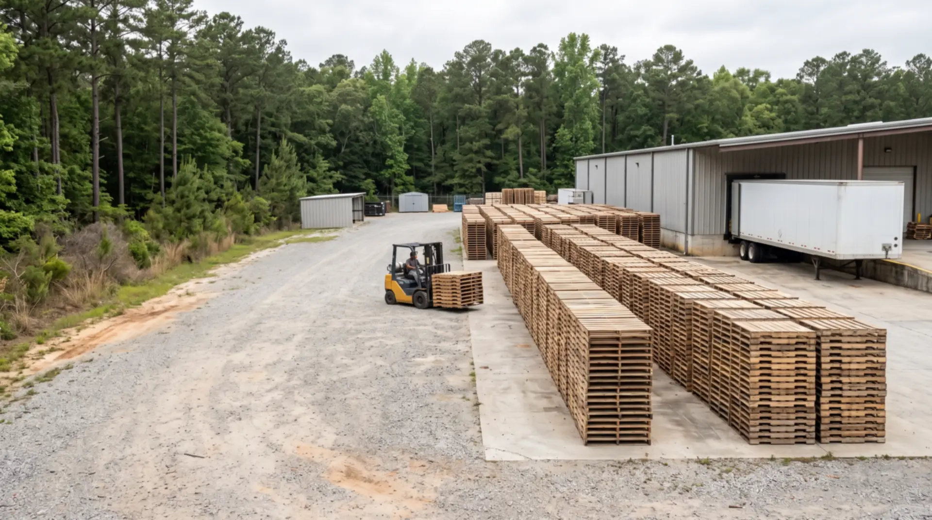 A tidy pallet yard in daylight: long rows of stacked pallets on concrete beside a gravel lane, a forklift carrying pallets, a white trailer at a loading dock and pine trees behind