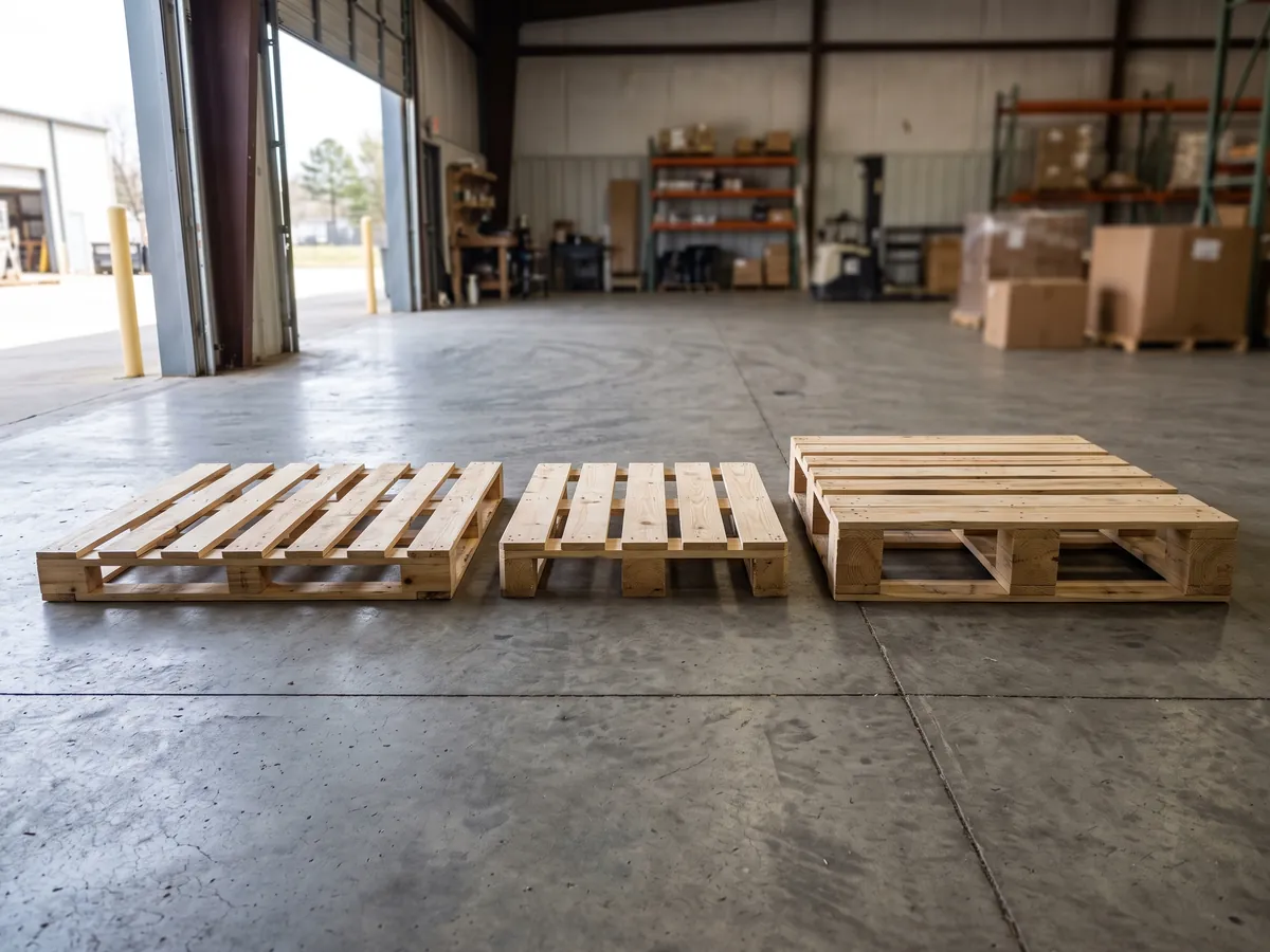 Three new pallets of different sizes side by side on a warehouse floor, an open door and racking behind
