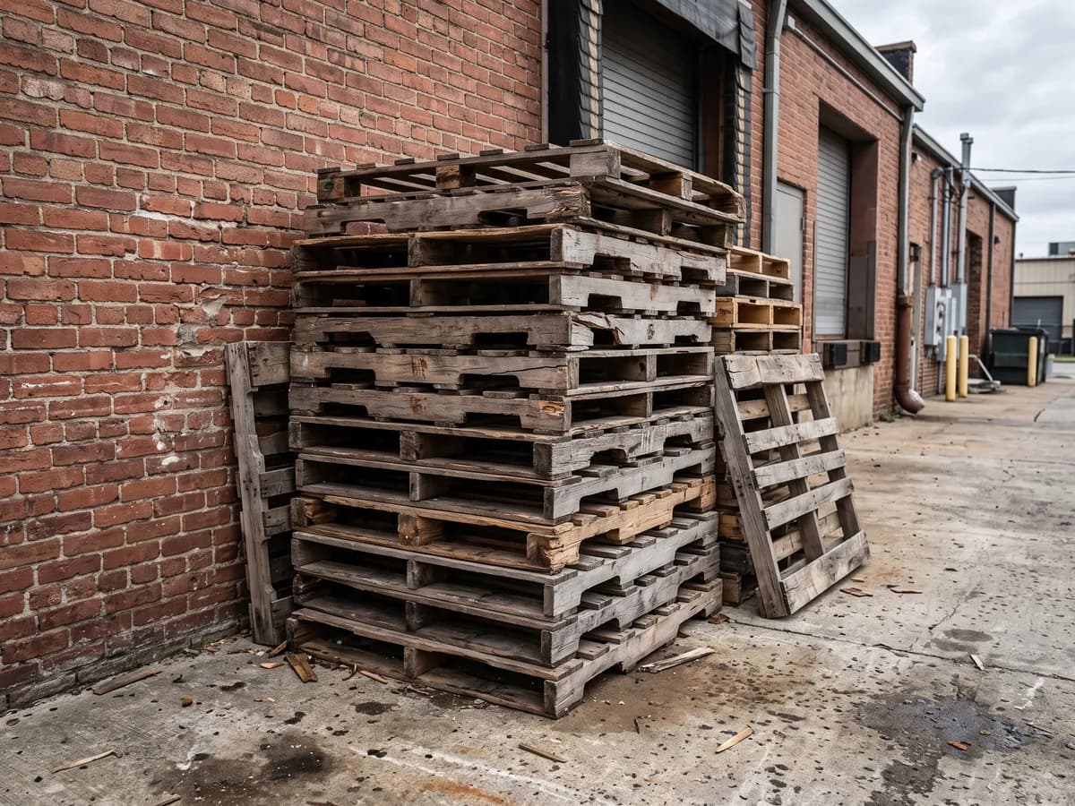Stacks of used and broken pallets against a brick wall behind a loading dock, waiting for pickup