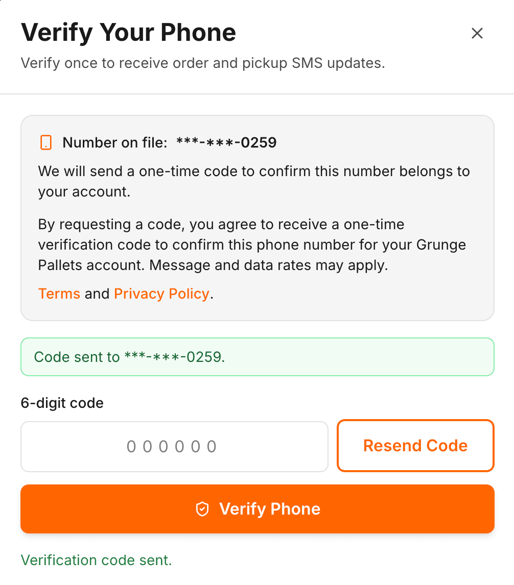 OTP request screenshot showing the verification disclosure and Terms and Privacy links