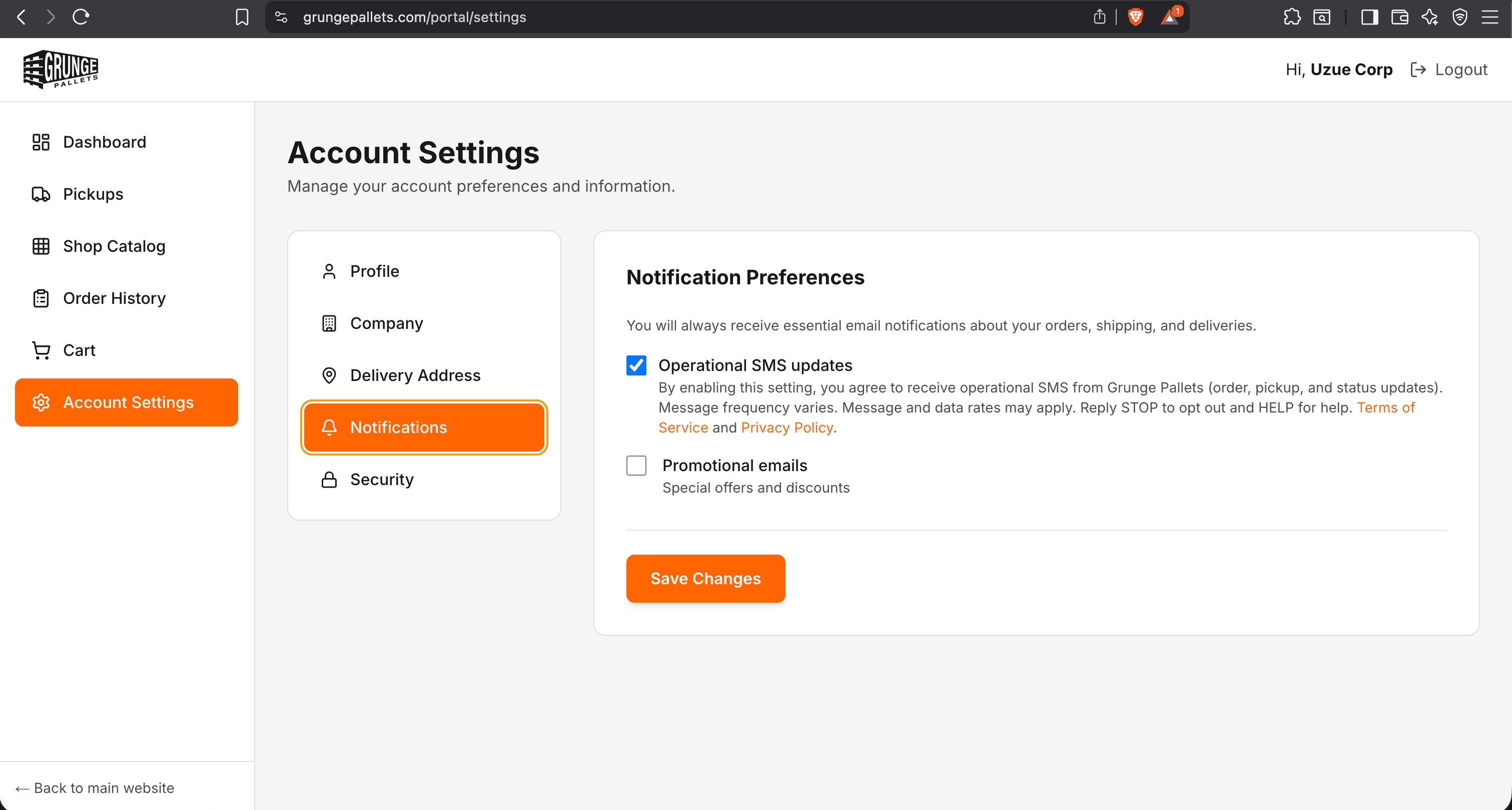 Portal settings screenshot showing the operational SMS opt-in disclosure